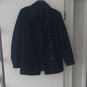 Men’s Small Rivet Black Pea Coat,  Layered Sweater Look